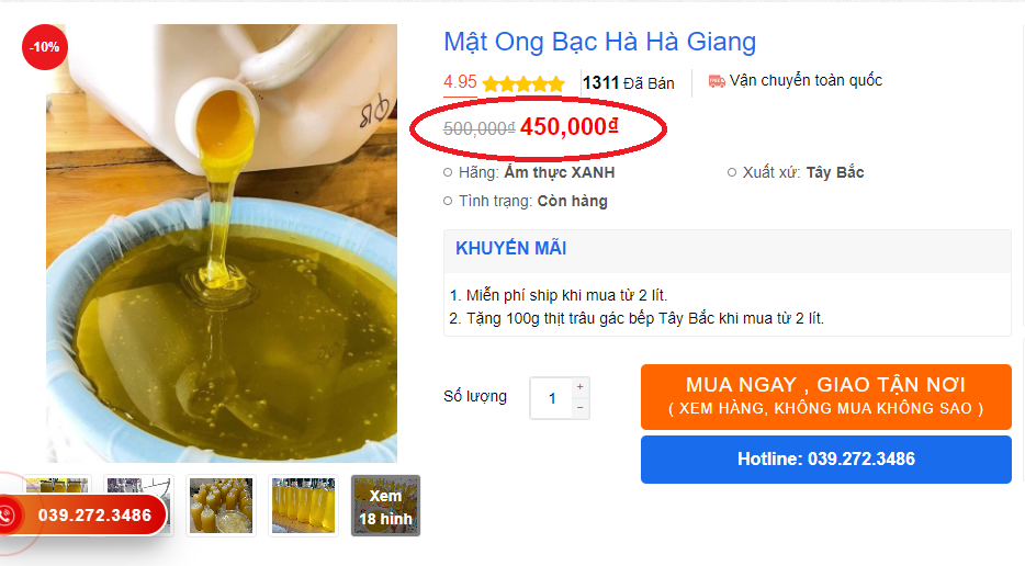 Giá bán mật ong bạc hà Hà Giang tại Ẩm Thực XANH